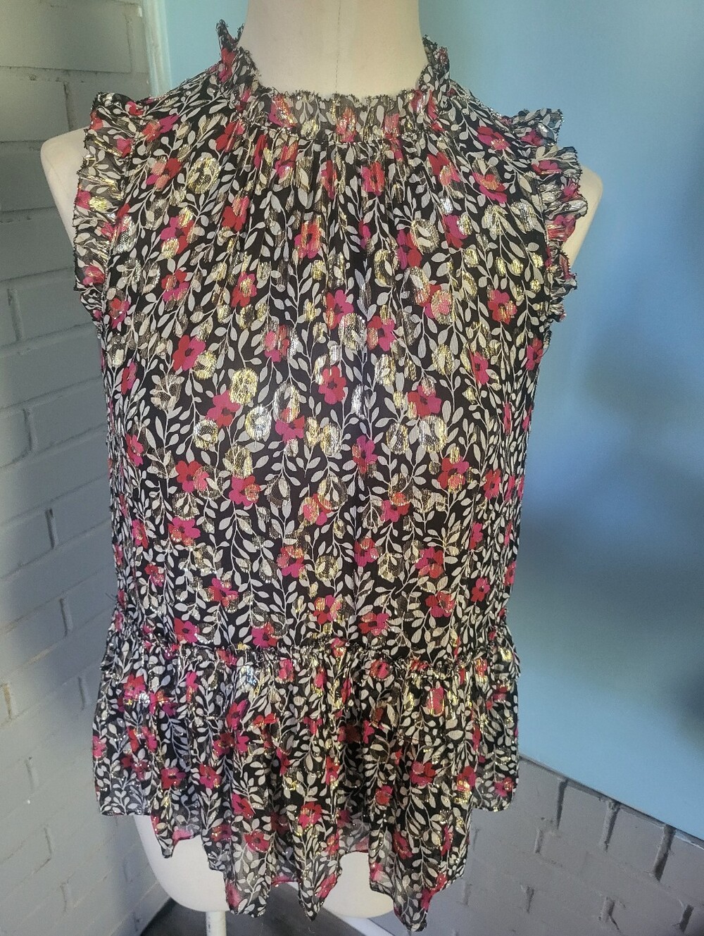 kate spade Black Floral Ruffle Sleeveless Blouse with Pink and Cream Accents